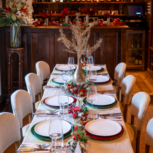 Festive table set for a group Christmas meal at The Three Horseshoes Inn, Lickfold, near Petworth and Midhurst